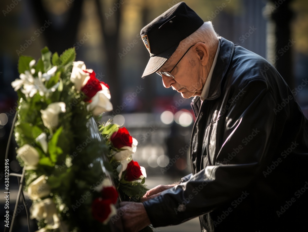 A nostalgic moment as a veteran places a wreath beside a United States flag-draped memorial - obrazy, fototapety, plakaty 
