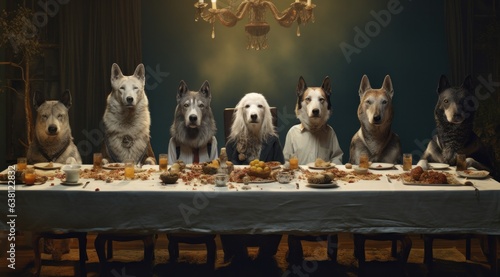A group of happy, playful dogs are gathered around a table, enjoying a meal together in a cozy indoor setting