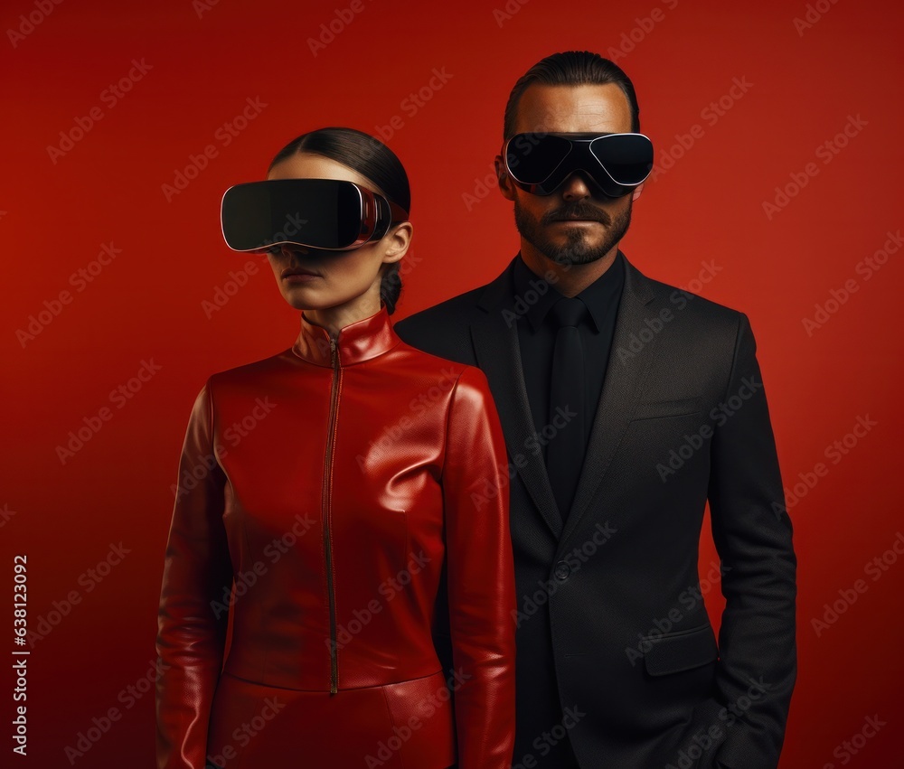 A man and woman stand in a room, wearing vibrant red leather jackets, sunglasses, and goggles, symbolizing the mysterious, adventurous spirit of two individuals ready to take on the world A man and woman stand in a room, wearing vibrant red leather jackets, sunglasses, and goggles, symbolizing the mysterious, adventurous spirit of two individuals ready to take on the world