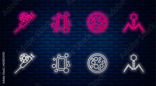 Set line Bar of soap, Virus, Syringe and virus and Bacteria bacteriophage. Glowing neon icon on brick wall. Vector