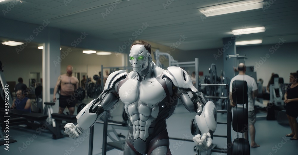 Humanoid Robot Demonstrating Weightlifting to Gym Enthusiast Humanoid Robot Demonstrating Weightlifting to Gym Enthusiast