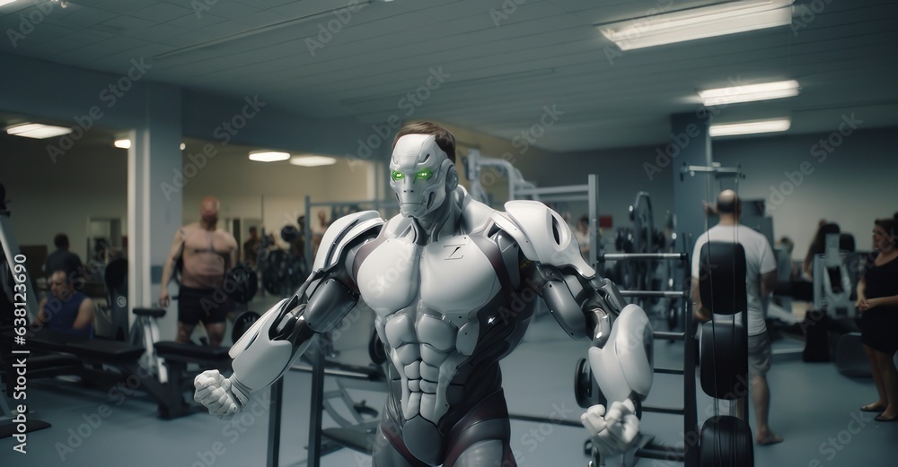 Humanoid Robot Demonstrating Weightlifting to Gym Enthusiast