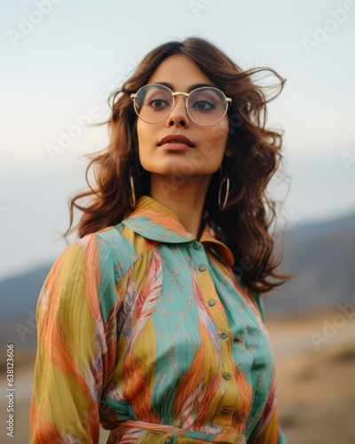 Indian 1970s Nostalgia: Miu Miu Chic with Loose Waves and Bold Glasses generative ai