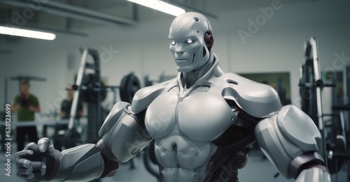 Humanoid Robot Demonstrating Weightlifting to Gym Enthusiast