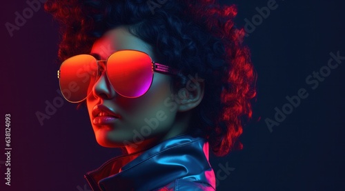 A woman with a bold red lip stands confidently, her face illuminated by the unique combination of red and blue light reflecting off her sunglasses