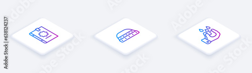 Set Isometric line Holy book of Koran, Muslim hat for prayer and Wudhu. White square button. Vector