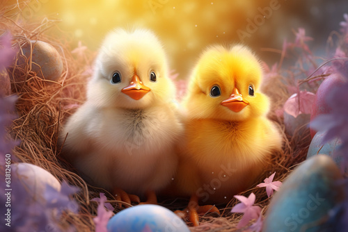 Eastern eggs and cute chicks. An illustration.