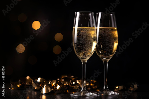 Two glasses of champagne white sparkling wine with a shiny gold ribbon on a dark background