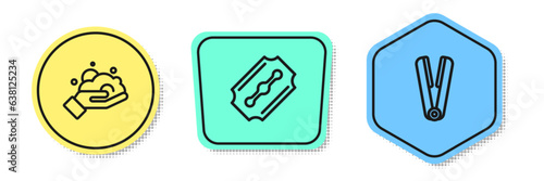 Set line Shaving foam on hand, Blade razor and Curling iron for hair. Colored shapes. Vector