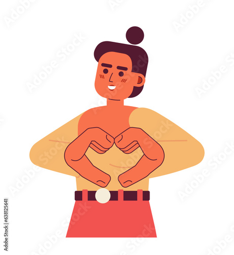 Hands gesture semi flat color vector character. Cute latina woman showing heart sign. Share love. Smiling. Editable half body person on white. Simple cartoon spot illustration for web graphic design