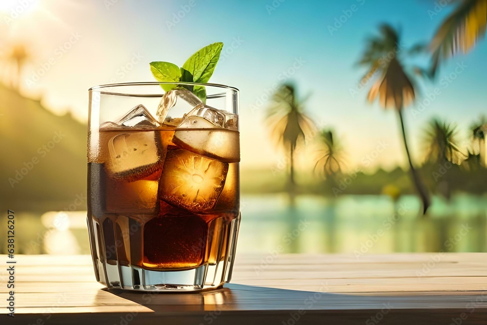A glass with soda and ice cubes inside. Concept of freshness and flavor explosion. Created with generative Ai technology. A glass with soda and ice cubes inside. Concept of freshness and flavor explosion. Created with generative Ai technology.