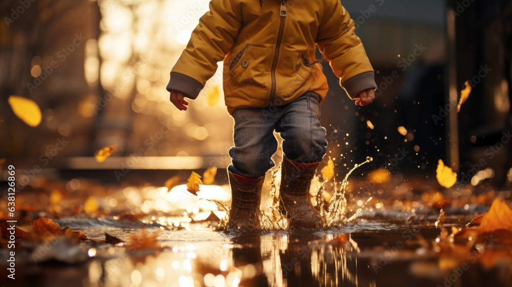Toddler in Puddle: A toddler in a fleece onesie stomps joyfully in a puddle, leaves floating around his rubber boots, low-angle shot. Toddler in Puddle: A toddler in a fleece onesie stomps joyfully in a puddle, leaves floating around his rubber boots, low-angle shot.