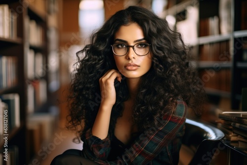 portrait photo of a beautiful young Indian woman in a library wearing glasses generative ai