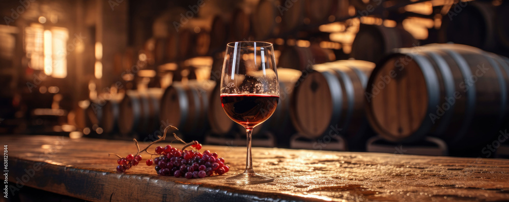 Winery: A glass of wine being poured against a barrel in a wine cellar. Wide format. - obrazy, fototapety, plakaty 