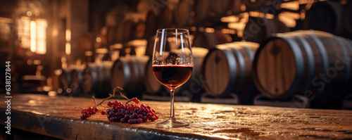 Fotografia Winery: A glass of wine being poured against a barrel in a wine cellar