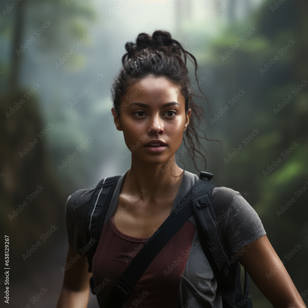 A young woman, her hair tied in a ponytail, is running along a forest mountain path in sports equipment,  ai generated