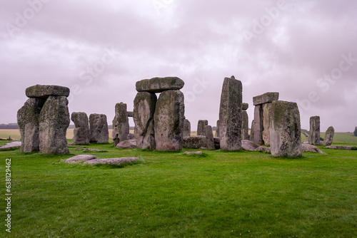 View of Stonehenge in Salisbury plain, Wiltshire, England, on a cloudy summer day