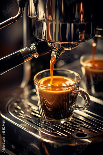 Foto Preparation of espresso coffee by using coffee machine