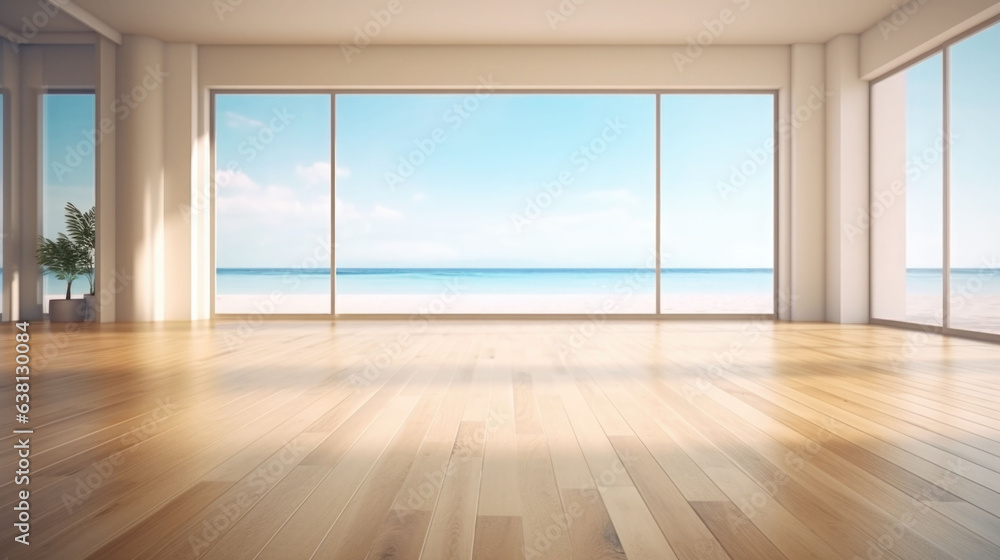 Fototapeta premium Empty large room in luxury beach house with wooden floor, large windows. AI generated