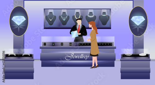 young lady at jewelry shop choosing jewel from catalog book vector illustration, male store keeper and customer looking at jewelry at jewelry store