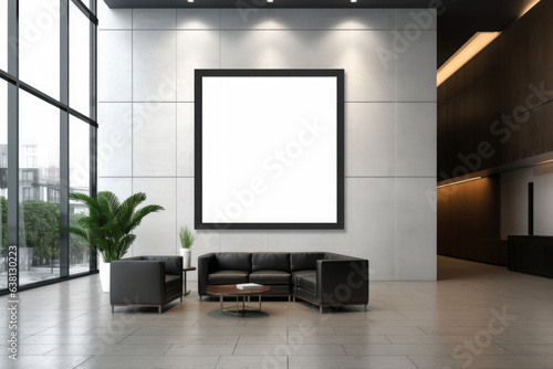 Advertising billboard frame on wall in office lobby copy space for mock up template. Generative AI