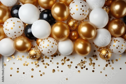 Composition of gold and white balloons with helium and confetti. Holiday, birthday or New Year concept. Party decoration. Background for invitation card with copy space