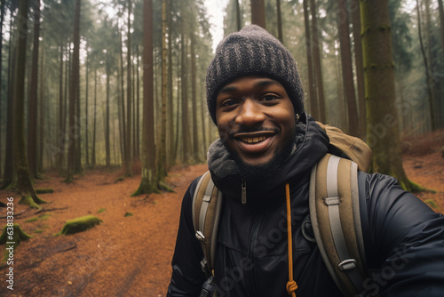 Generative AI picture image of wanderer person in touristic gear enjoying breathtaking forest hiking making shooting selfies