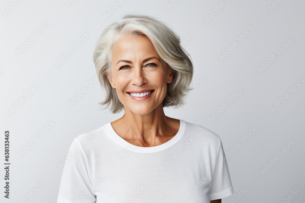 Generative AI portrait of senior charming female model smiling overjoyed and satisfied Generative AI portrait of senior charming female model smiling overjoyed and satisfied