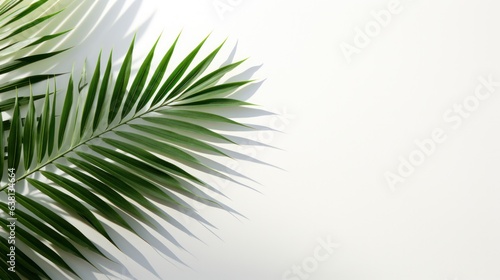 lone palm leaf, emerald green, against a white wall. 