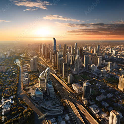 Aerial View of a Cityscape at Sunset Highlighting Urban Development