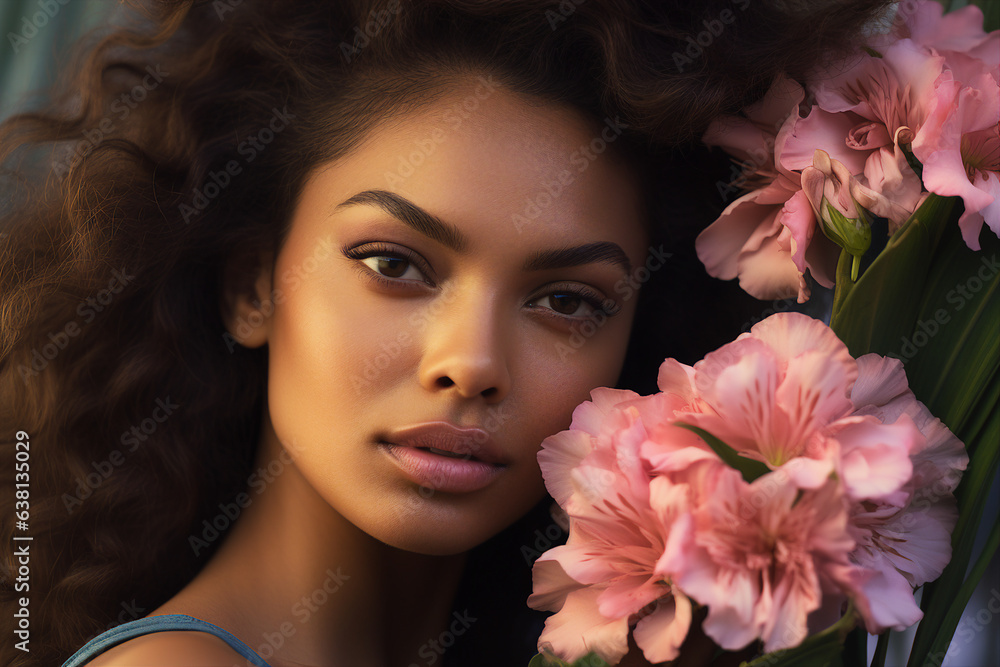 Generative AI portrait of lovely girl surrounded by fresh bright summer flowers