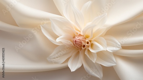  the velvety detail of a dahlia flower rests on a textured lightweight fabric. © Margo_Alexa