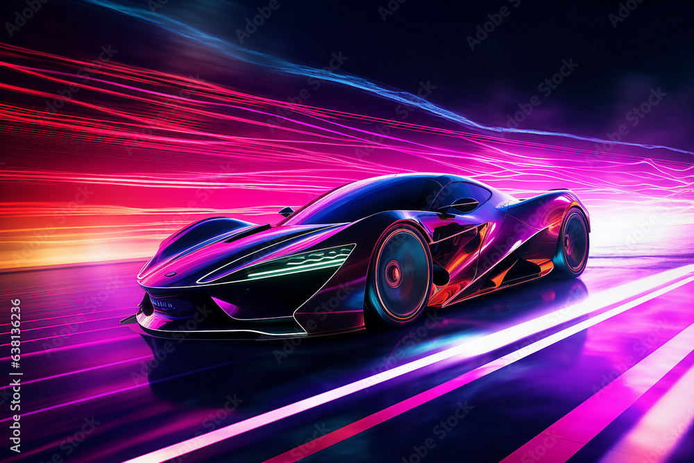 Futuristic Sports Car On Neon Highway speed race Generative AI picture