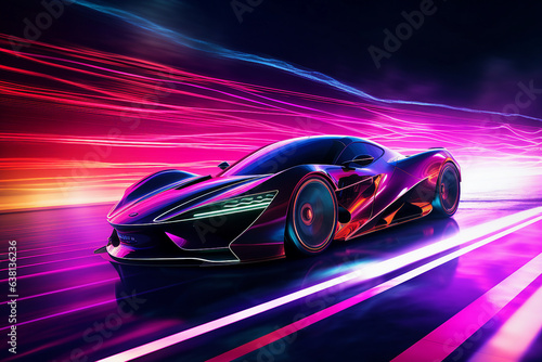 Futuristic Sports Car On Neon Highway speed race Generative AI picture