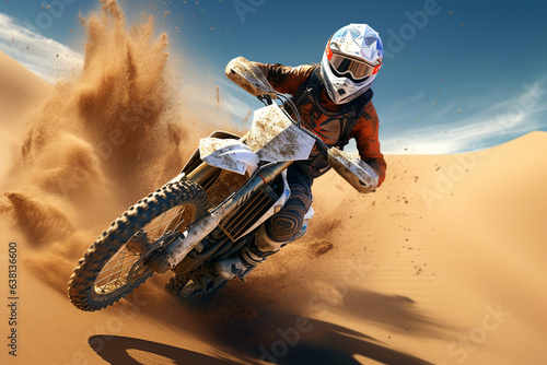 Created using generative AI image of rider driving in extremely risky motocross race on a dirt sandy track