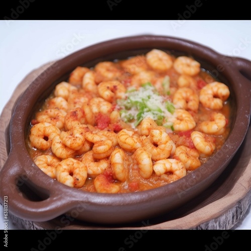 Cooked shrimp dish in ceramic pot