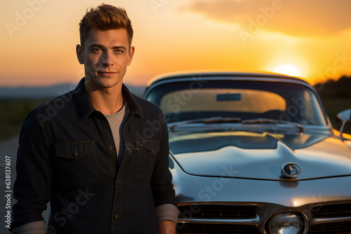 Generative AI photography of confident driver standing beside own car outside at evening sunset