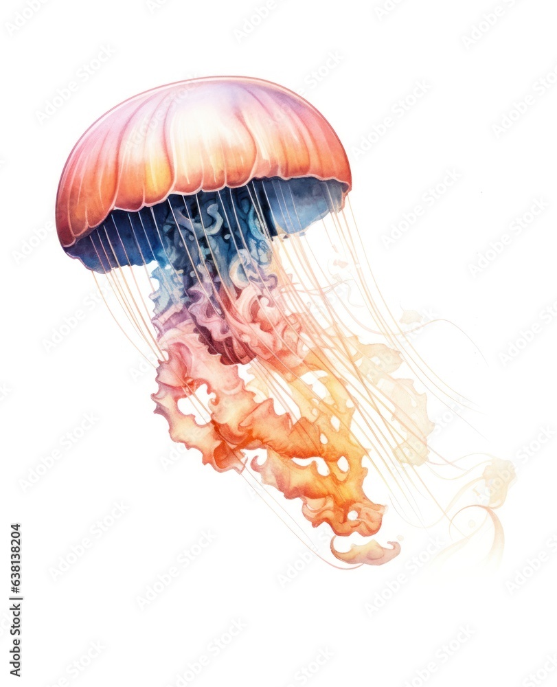 Beautiful jelly fish watercolor illustration isolated on white