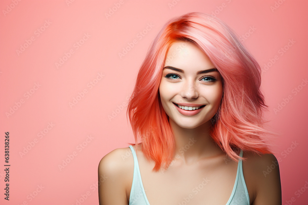 Generative AI portrait of fashion model advertising hair salon showing coloring hairstyle Generative AI portrait of fashion model advertising hair salon showing coloring hairstyle