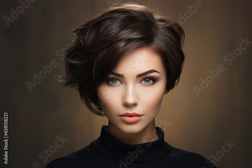 Generative AI closeup portrait of young beautiful brunette woman with short haircut styling