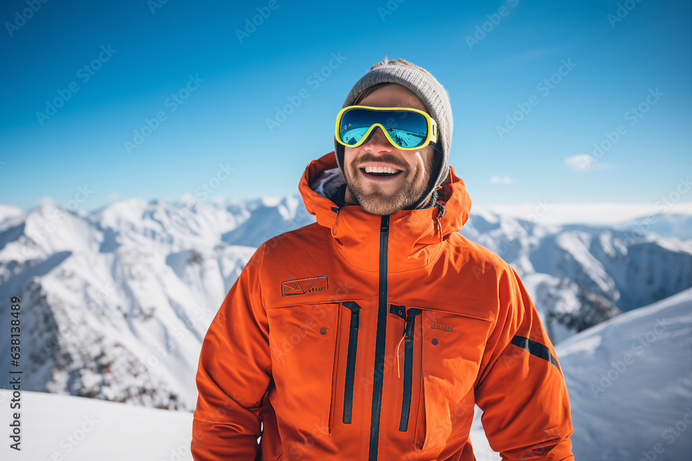 Generative AI photography of happy man wear sunglasses spending weekend at ski resort winter holiday concept Generative AI photography of happy man wear sunglasses spending weekend at ski resort winter holiday concept