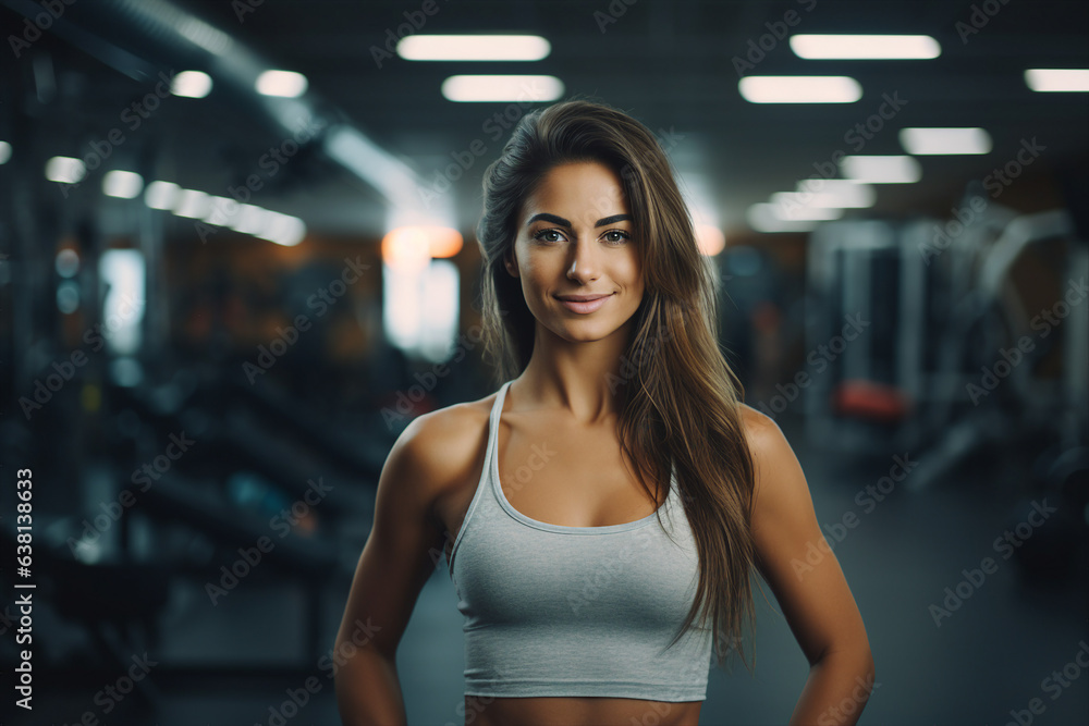 Photo portrait of happy beautiful woman professional trainer in sport gym healthy lifestyle and generative AI concept