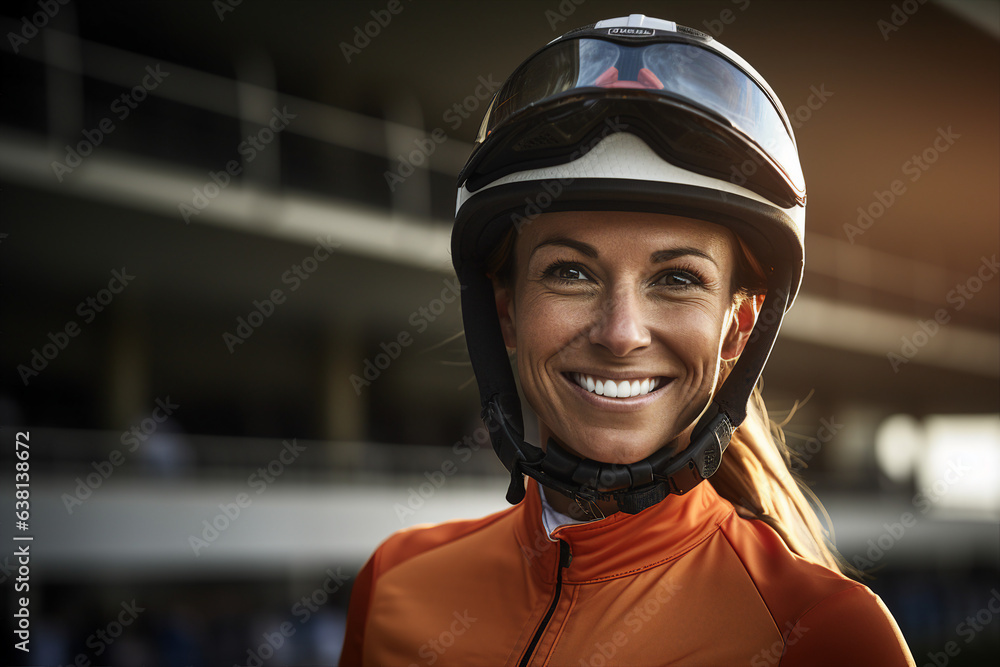 Photo portrait of beautiful woman horse racing sportive contest with an equestrian or horse background generative AI Photo portrait of beautiful woman horse racing sportive contest with an equestrian or horse background generative AI
