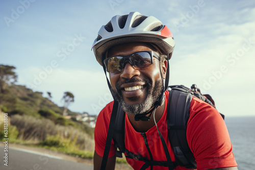 Generative AI photograpy of sporty happy man in protective helmet riding park exploring city nature outdoors © Tetiana