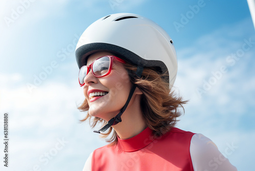 Generative AI picture of happy beautiful lady in protective helmet riding bike exploring new city enjoying nature outdoors © Tetiana