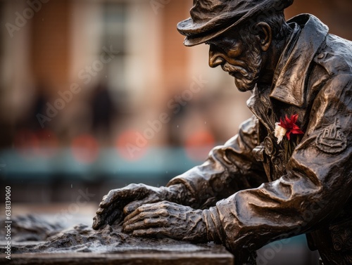 A veteran's hand touches a war memorial, a quiet moment of remembrance