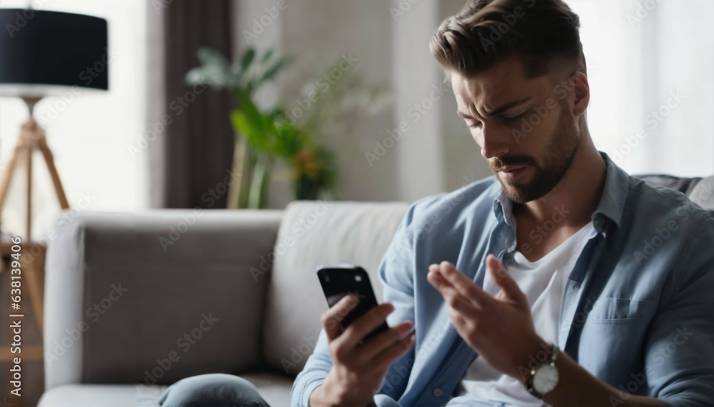 Handsome young man texting on iphone with blank white screen at home, confused expression Handsome young man texting on iphone with blank white screen at home, confused expression