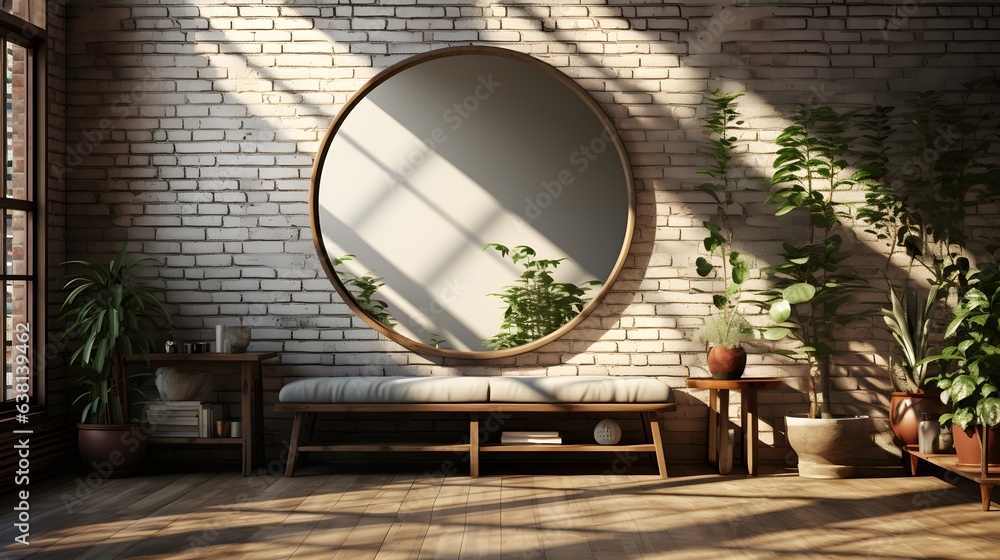 The interior of a hallway featuring a large circular mirror, a table ...
