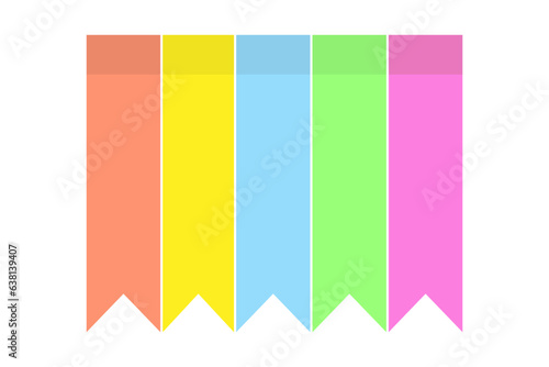 Vector set of 5 colorful paper flagshaped stickers in trendy bright sades on a transparent backdrop
