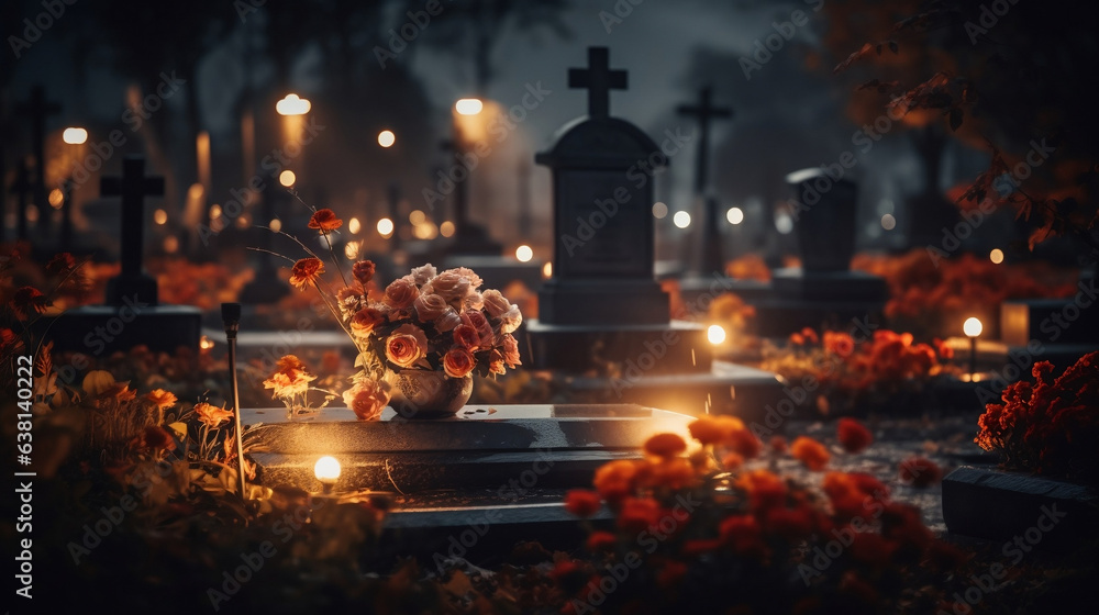 Epitafium na pomniku z krzyżem w centrum cmentarza udekorowanego kwiatami i zniczami. Noc Wszystkich Świętych. - obrazy, fototapety, plakaty 